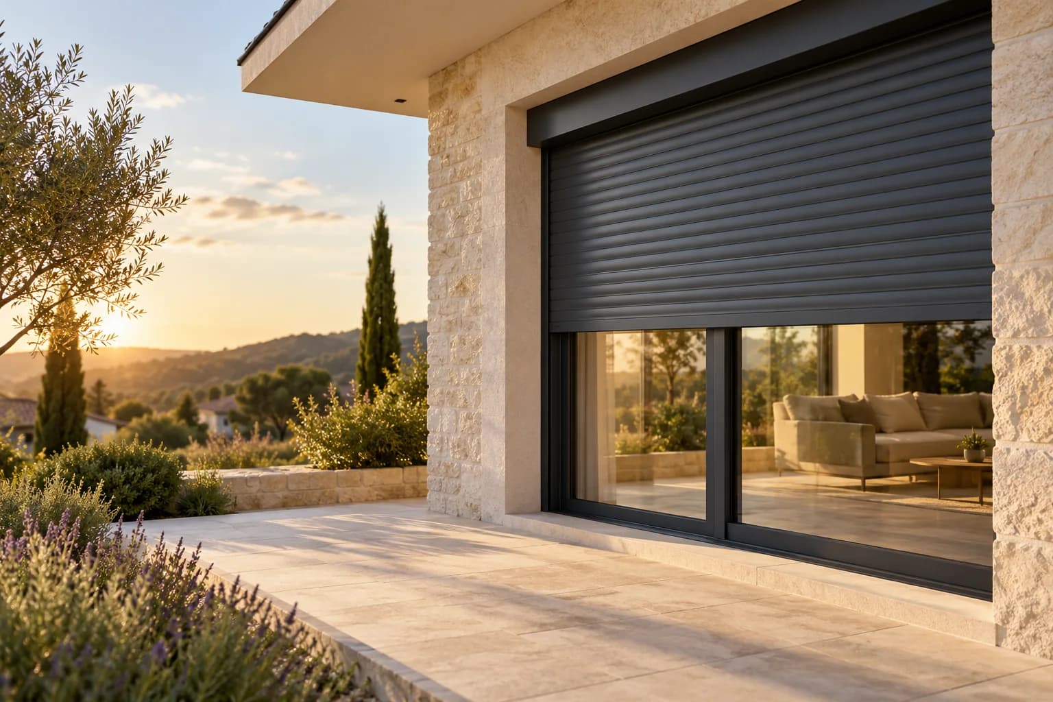 Maison moderne avec volet roulant anthracite, visuel généré par IA